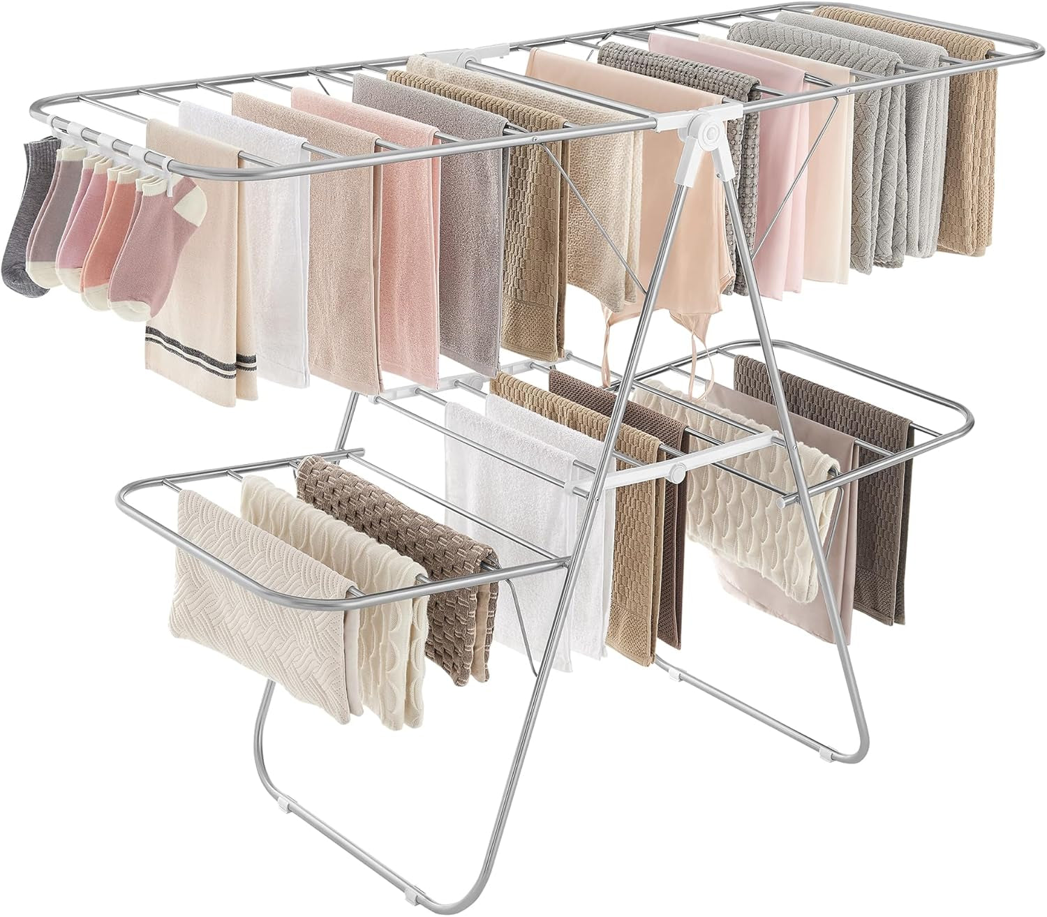 Clothes Drying Rack, Foldable 2-Level Laundry Drying Rack, Free-Standing Laundry Airer, with Height-Adjustable Wings, 33 Drying Rails, Sock Clips, Silver and White ULLR053W01V1