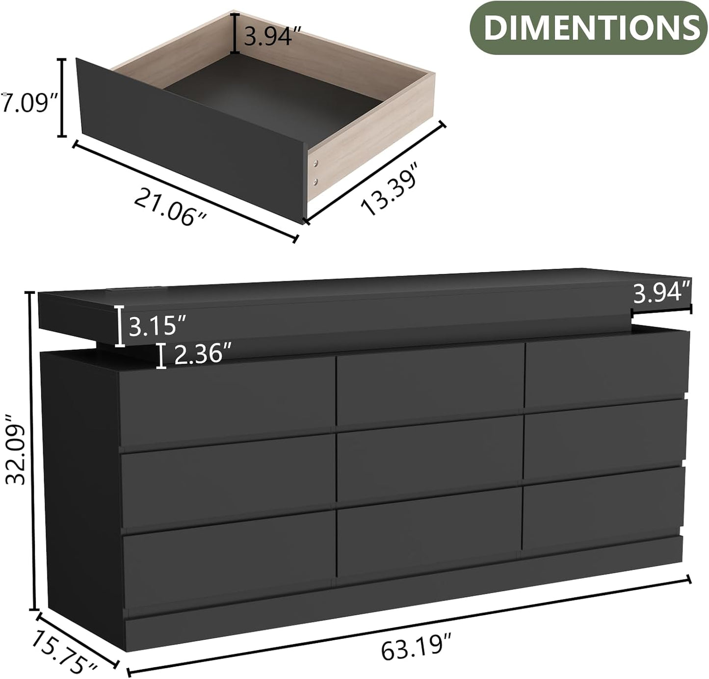 9 Drawer Dresser with Power Outlet, Dresser with LED Light, Modern Chest of Drawers for Closet, Double Wide Drawer Organizer Cabinet for Bedroom, Living Room (Black, 9 Drawers)