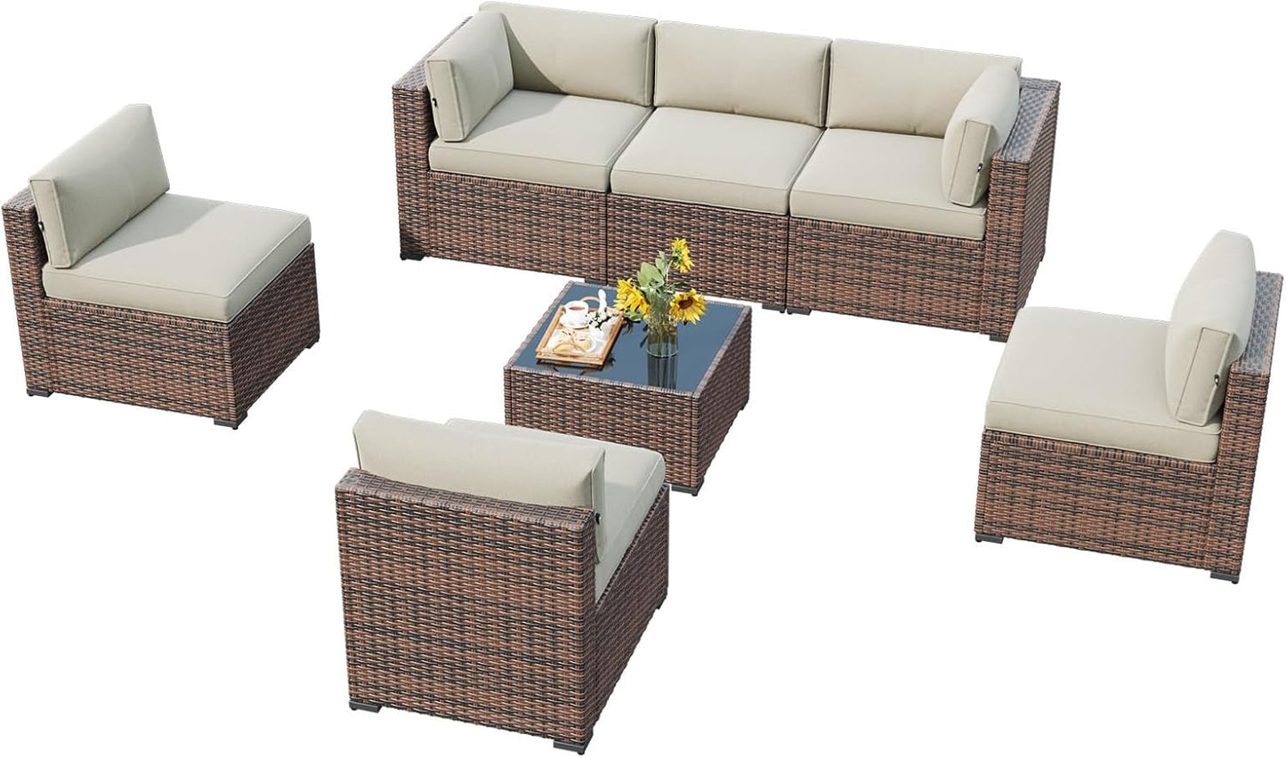 7 Piece Outdoor Patio Furniture Set with Coffee Table, Outdoor Patio Furniture Sets with Thicken Cushion, Wicker Rattan Outdoor Conversation Set for Backyard & Garden, Beige