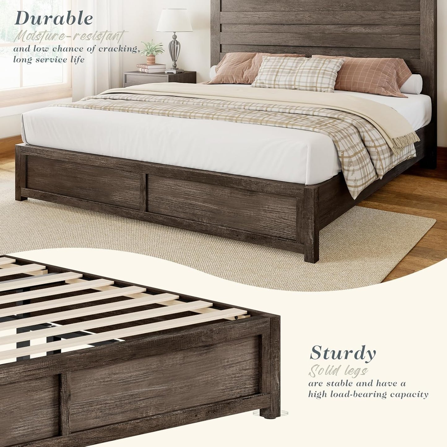 Full Size Farmhouse Bed Frame with 49" Headboard, Platform Bed Frame with Wood Slats Support/No Box Spring Needed/Easy Assembly, Rustic Grey