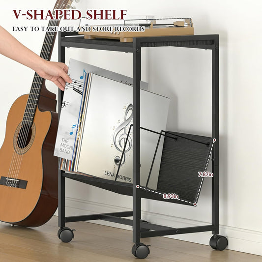Record Player Table with Vinyl Storage,Black Small End Table Turntable Stand with Record Storage,Vinyl Record Player Stand,2 Tier Bed Side Table Modern Nightstand for Living Room Bedroom