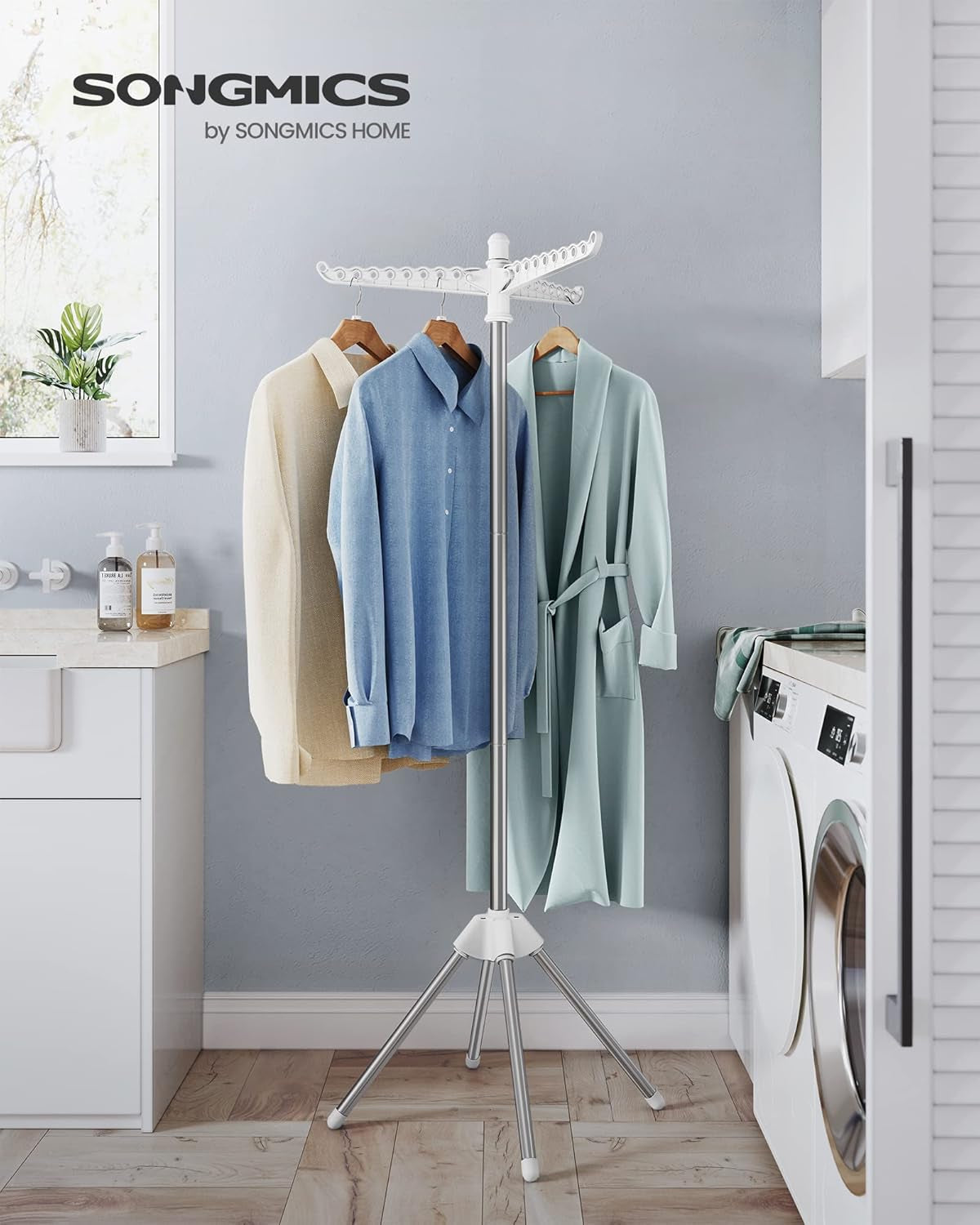 Clothes Drying Rack, 59-Inch Folding Laundry Drying Rack with 3 Rotatable Arms for Hangers, 4 Legs, Stainless Steel, for 27 Pieces of Clothes, White and Silver ULLR510W01