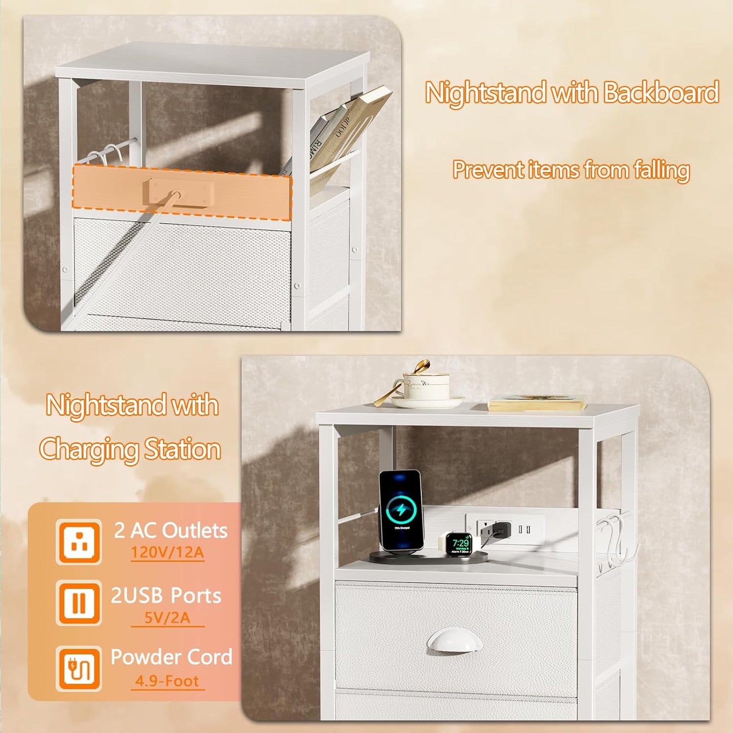 End Table with Charging Station, Nightstand with Fabric Drawers, Side Tables with USB Ports & Outlets, Night Stand with Storage Shelf & Hooks, for Living Room/Bedroom, White