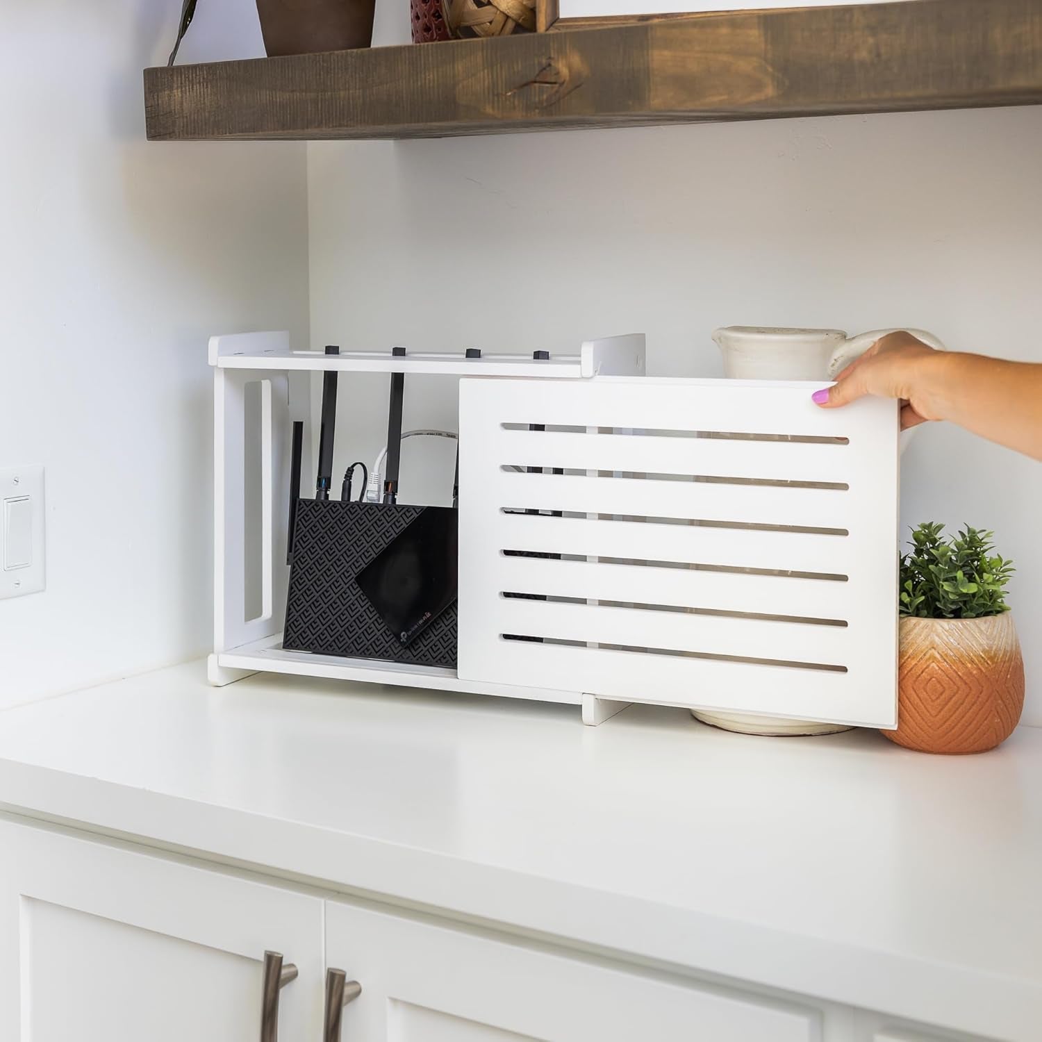 Wooden Wifi Router Storage Box - Standard Wall Mountable Decorative Modem Shelf Hider Cover with Cable Management System - Rustic Home Organization Solution for Most Routers up to 11" Tall - White