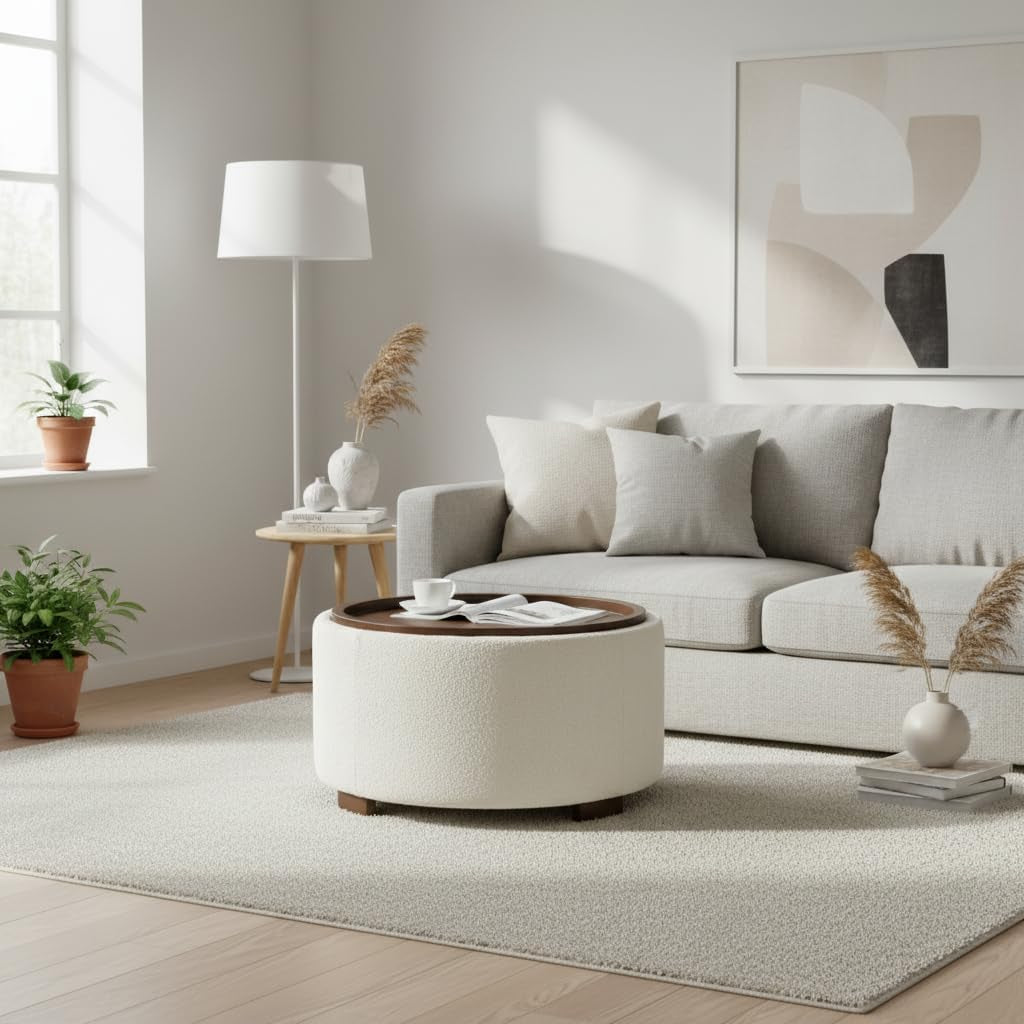 30 Inch round Storage Ottoman Coffee Table, Modern Boucle Ottoman with Lift-Off Lid and Solid Wood Legs for Living Room, Bedroom, Corners, Apartments (Beige)