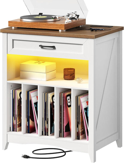 Large Record Player Stand with Charging Station, Vinyl Record Storage Cabinet with Drawer and LED, Turntable Display Table for Living Room, Books, Rustic White and Walnut