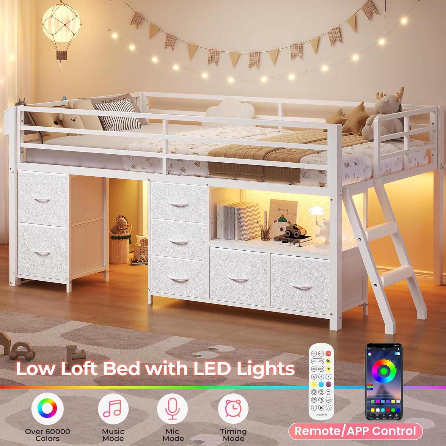 Low Loft Bed Twin Size with 7 Storage Drawers, Bookcase and LED Lights, Metal Kids Loft Bed with 14" H Safety Guardrail,Inclined Ladder and Play Curtain, Under-Bed Play Space, White