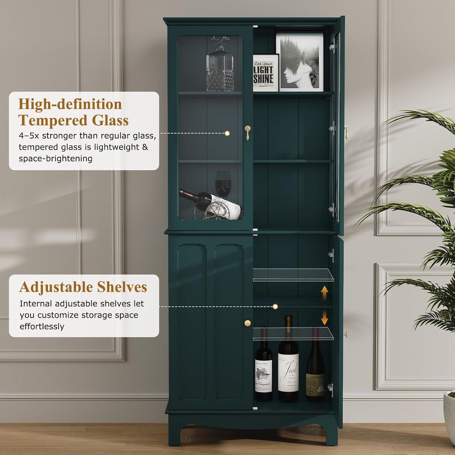 72" Freestanding Kitchen Pantry Storage Sideboard, Classical Tall Cabinet with Glass Door and Adjustable Shelves for Kitchen, Livingroom and Dining Room, Dark Teal