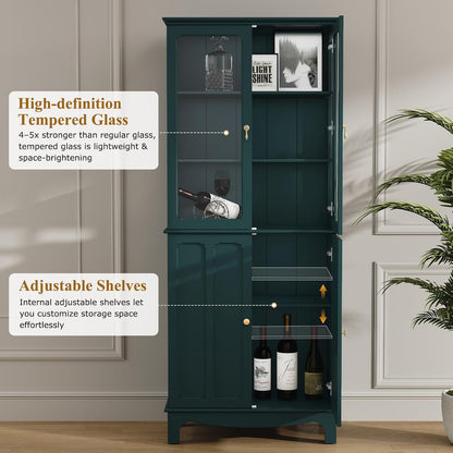 72" Freestanding Kitchen Pantry Storage Sideboard, Classical Tall Cabinet with Glass Door and Adjustable Shelves for Kitchen, Livingroom and Dining Room, Dark Teal