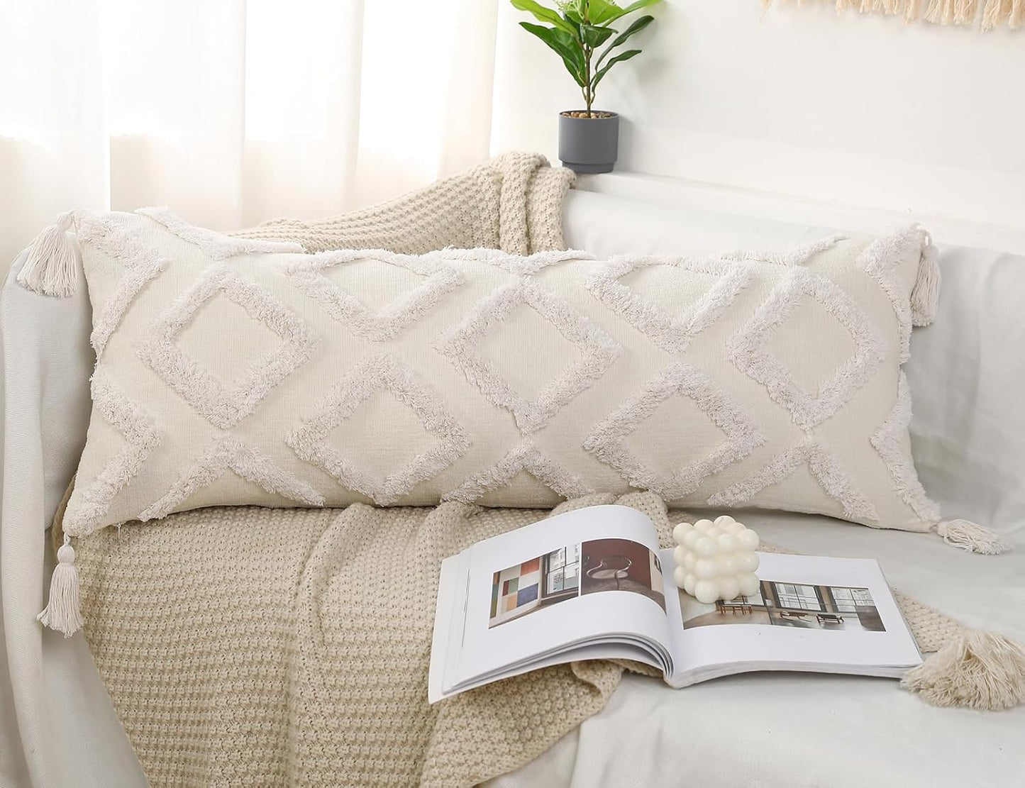 Decorative Long Lumbar Pillow Cover 14X36 Boho,Super Soft Chenille Extra Long Lumbar Pillow Case Cover with Tassel for Bed Sofa Couch Farmhouse Livingroom,White,Modern Skinny