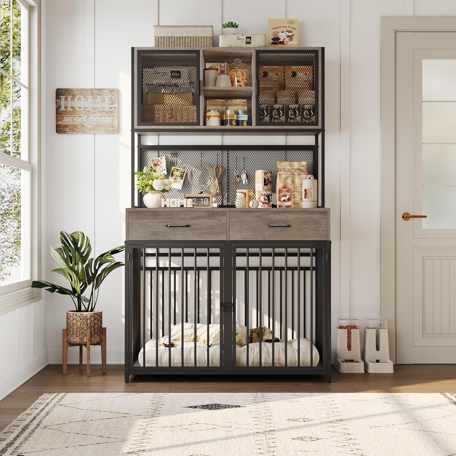 71" Tall Dog Crate Furniture, Indoor Dog Kennel with Hutch, 42" W Dog Cage for Large/Medium Dogs, Wood Dog Crates with 2 Storage Drawers, Heavy Duty Pet House, Rustic Brown