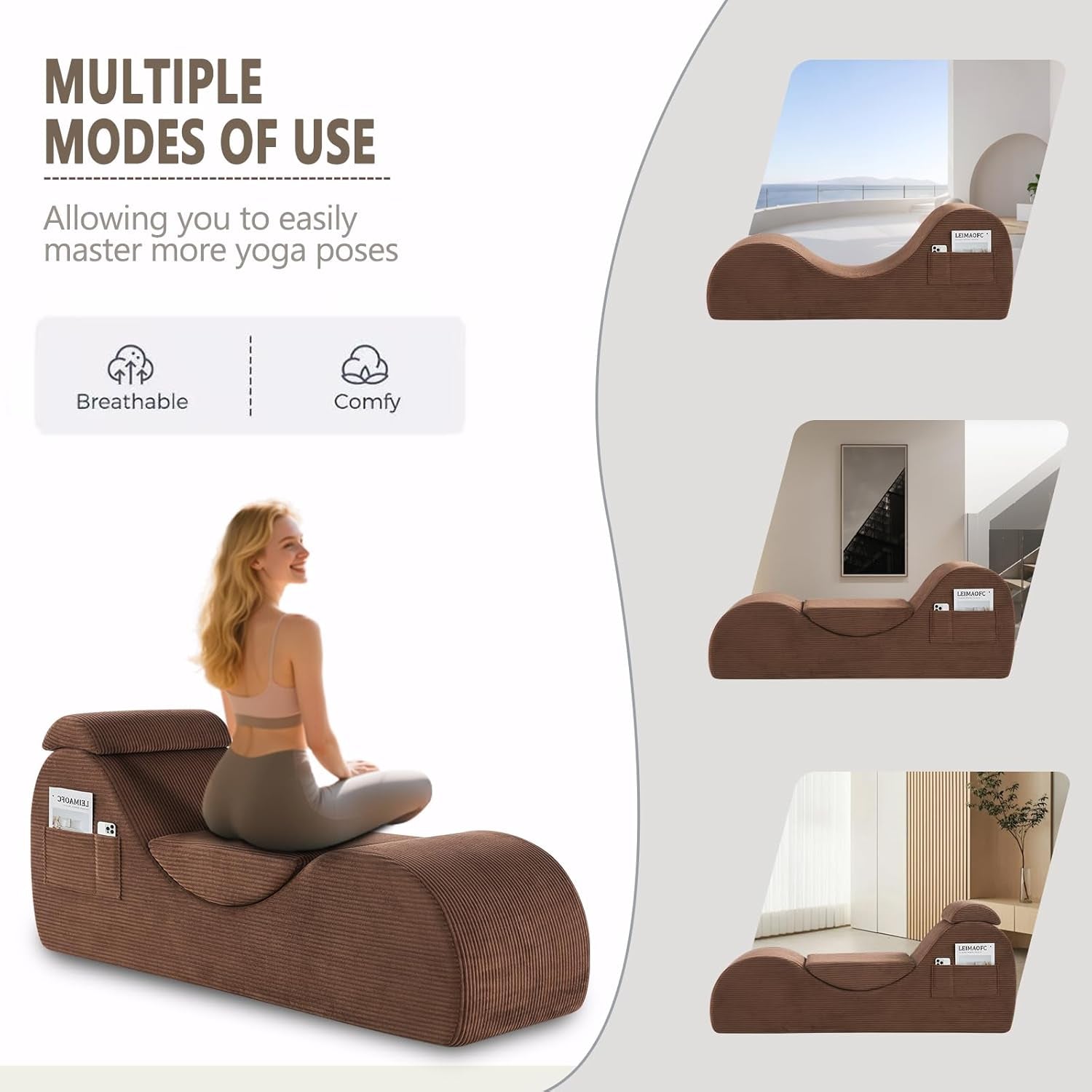 Yoga Chair Lounge for Adult, Ergonomic Chaise Lounge Chair with Side Pocket, Headrest, Waist Pad, Perfect for Stretching, Massage, and Relaxation, Used in Living Room, Bedroom（Brown）