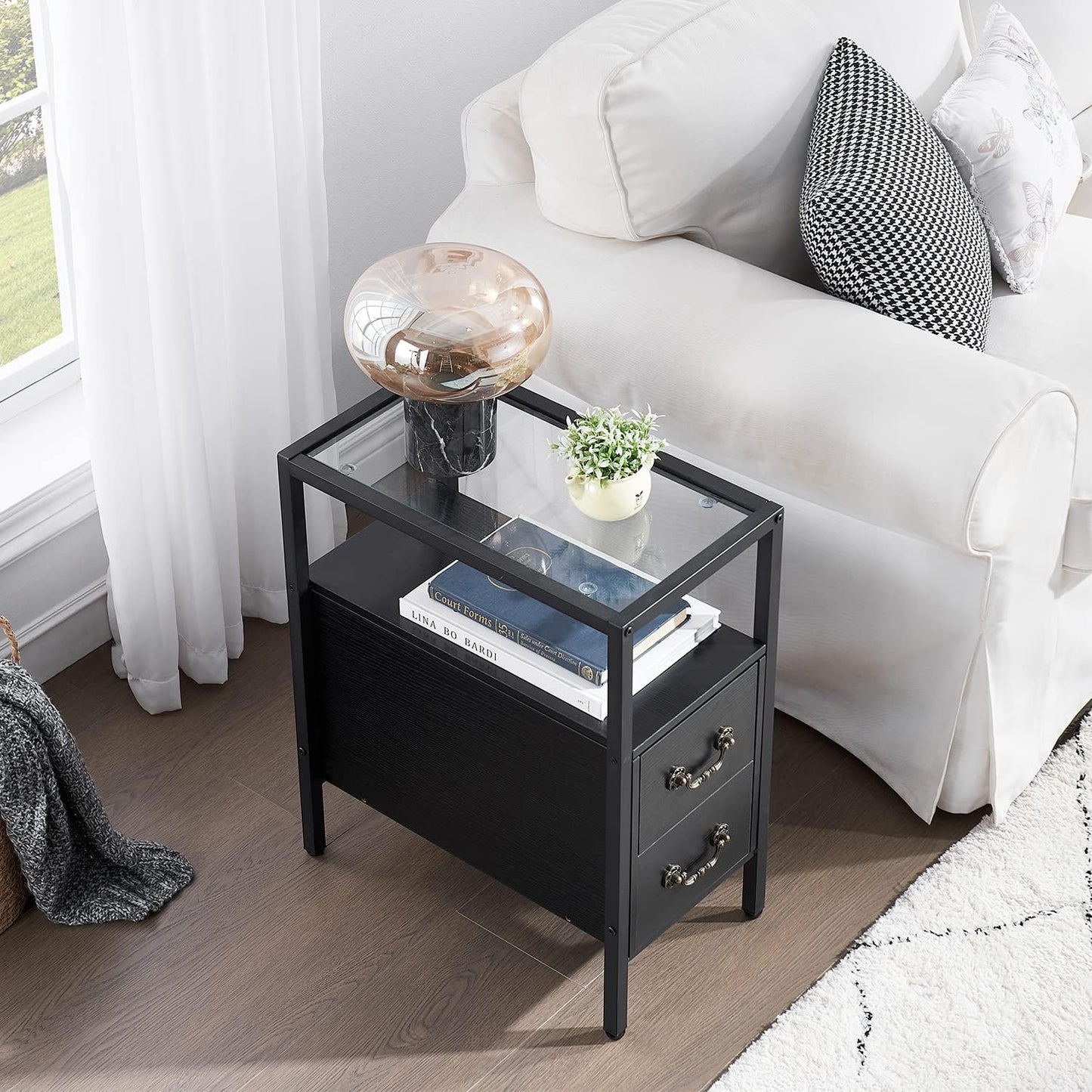 Narrow Side Table, Night Stand Sofa Table with Glass Top,Bedside End Tables with Storage Drawers,Wood Nightstand for Small Spaces Living Room Bedroom,Black