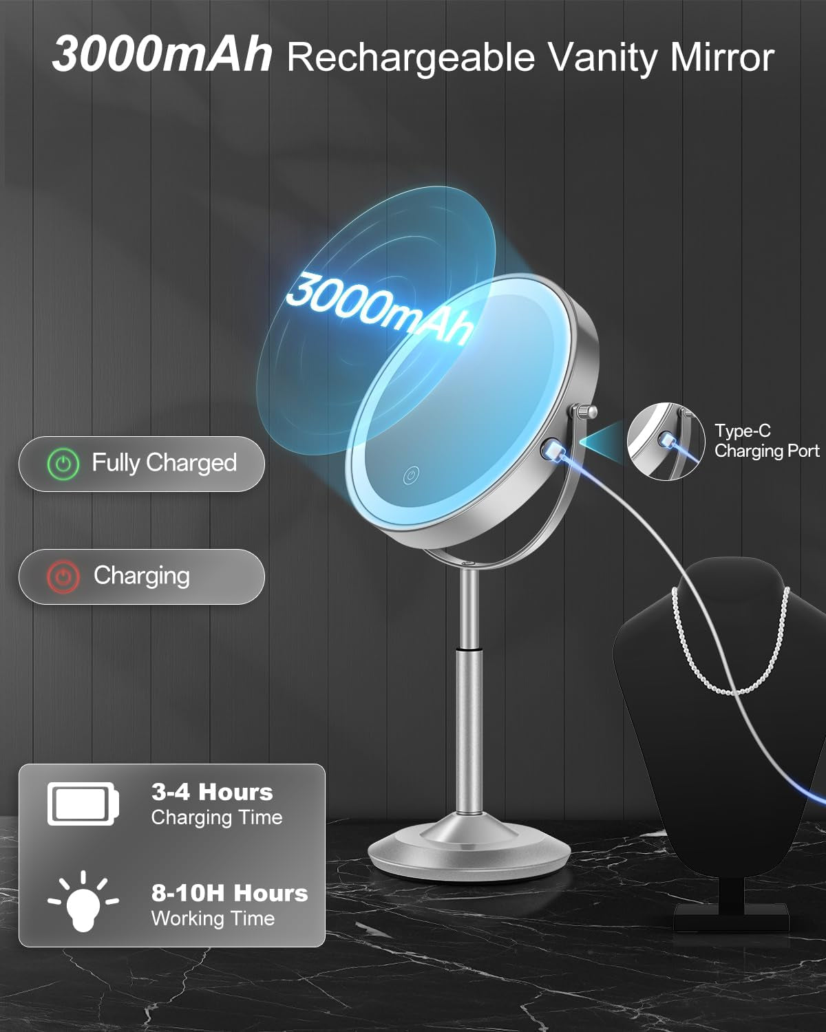 Makeup Mirror with Lights, 1X/30X Lighted Magnifying Mirror Height Adjustable, 3000Mah Rechargeable Double Sided Vanity Mirrors with 3 LED Lighting and Adjustable Brightness for Desk Women Gift