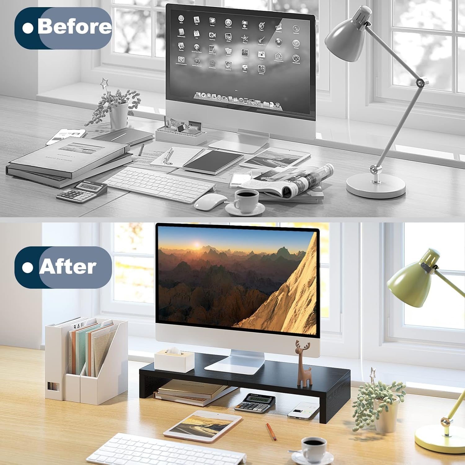 20 Inch Monitor Stand Riser, Black Desktop Stand for Pc/Tv/Laptop/Printer, Wood Monitor Riser with Storage, Computer Stand Keyboard Organizer