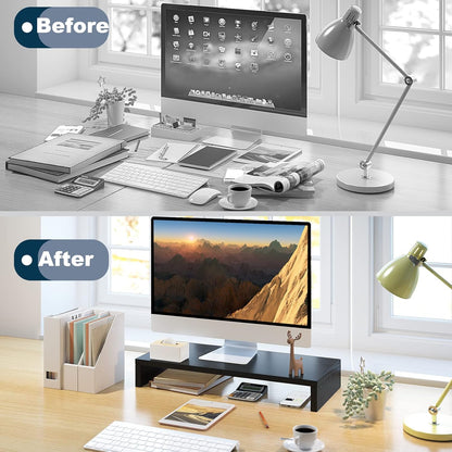 20 Inch Monitor Stand Riser, Black Desktop Stand for Pc/Tv/Laptop/Printer, Wood Monitor Riser with Storage, Computer Stand Keyboard Organizer