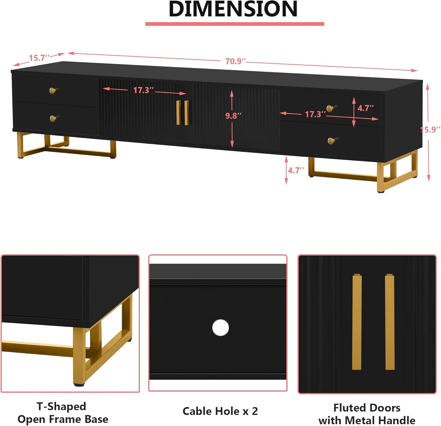 Modern TV Stand with Drawers for Tvs up to 75'', Media Console Storage Cabinet Entertainment Center Furniture for Living Room Bedroom, Gold Metal Legs, 70.9-Inch, Black