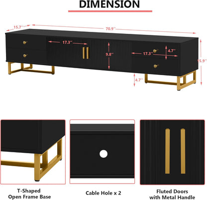 Modern TV Stand with Drawers for Tvs up to 75'', Media Console Storage Cabinet Entertainment Center Furniture for Living Room Bedroom, Gold Metal Legs, 70.9-Inch, Black