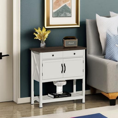 Farmhouse Console Table, Entryway Table with Storage Shelf, Coffee Bar Cabinet, Narrow Buffet Sideboard for Kitchen, Hallway, Living Room, White