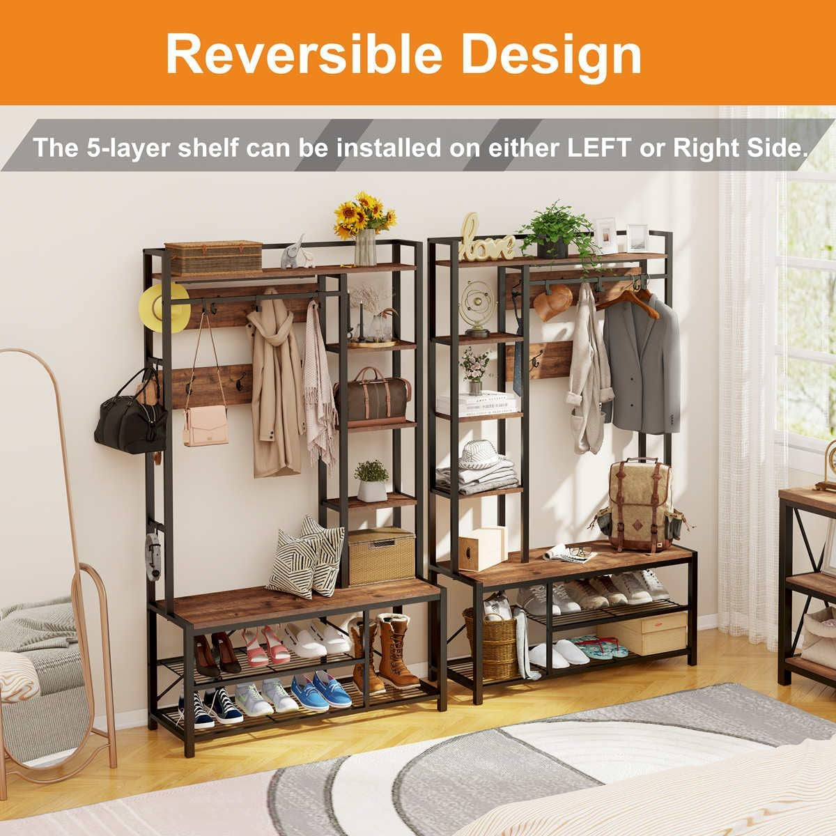 Hall Tree with Shoe Storage, 5-In-1 Reversible Entryway Bench with Coat Hooks for Hallway, Rustic Wood and Metal Coat Rack with Shelves for Mudroom (Rustic Oak)
