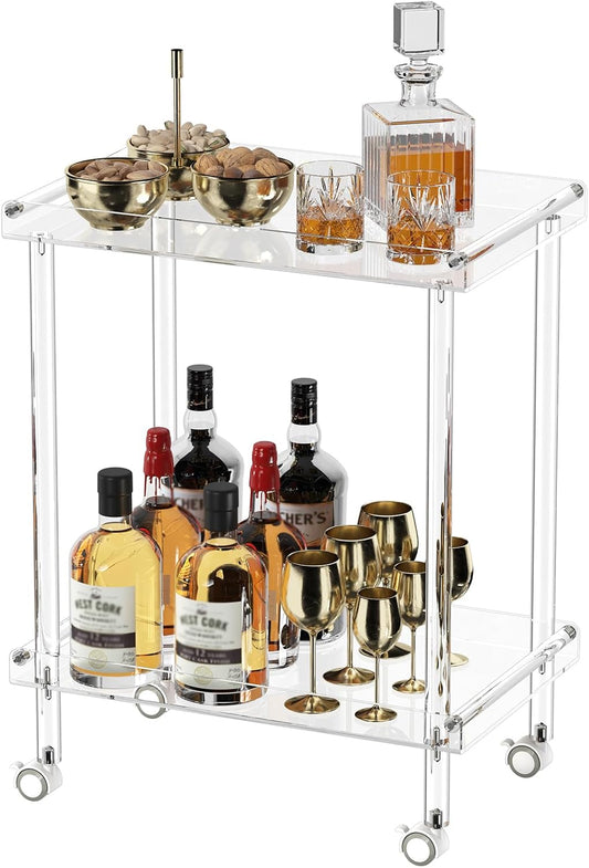 Acrylic Bar Cart, Rolling Serving Cart with 4 Lockable Wheels for the Home Bar, Kitchen, Living Room, Modern, 2-Tier, 23.6" L X 15" W X 30" H, Clear