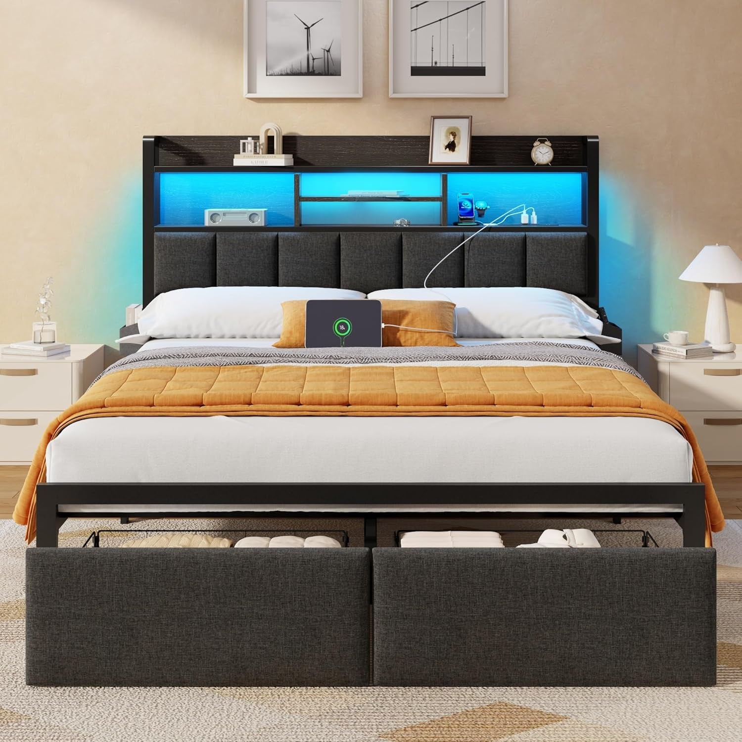 Queen Bed Frame with Storage Drawers, Upholstered Headboard with LED Light & Charging Station, Metal Platform Bed Frame Queen Size, Noise Free, No Box Spring Needed, Black (1200 Lbs Capacity)