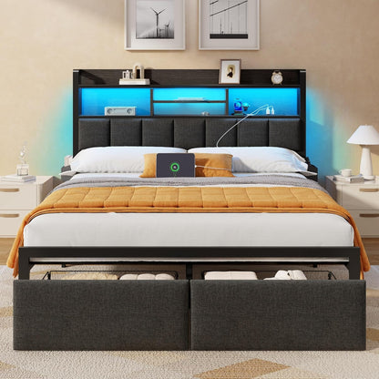 Queen Bed Frame with Storage Drawers, Upholstered Headboard with LED Light & Charging Station, Metal Platform Bed Frame Queen Size, Noise Free, No Box Spring Needed, Black (1200 Lbs Capacity)