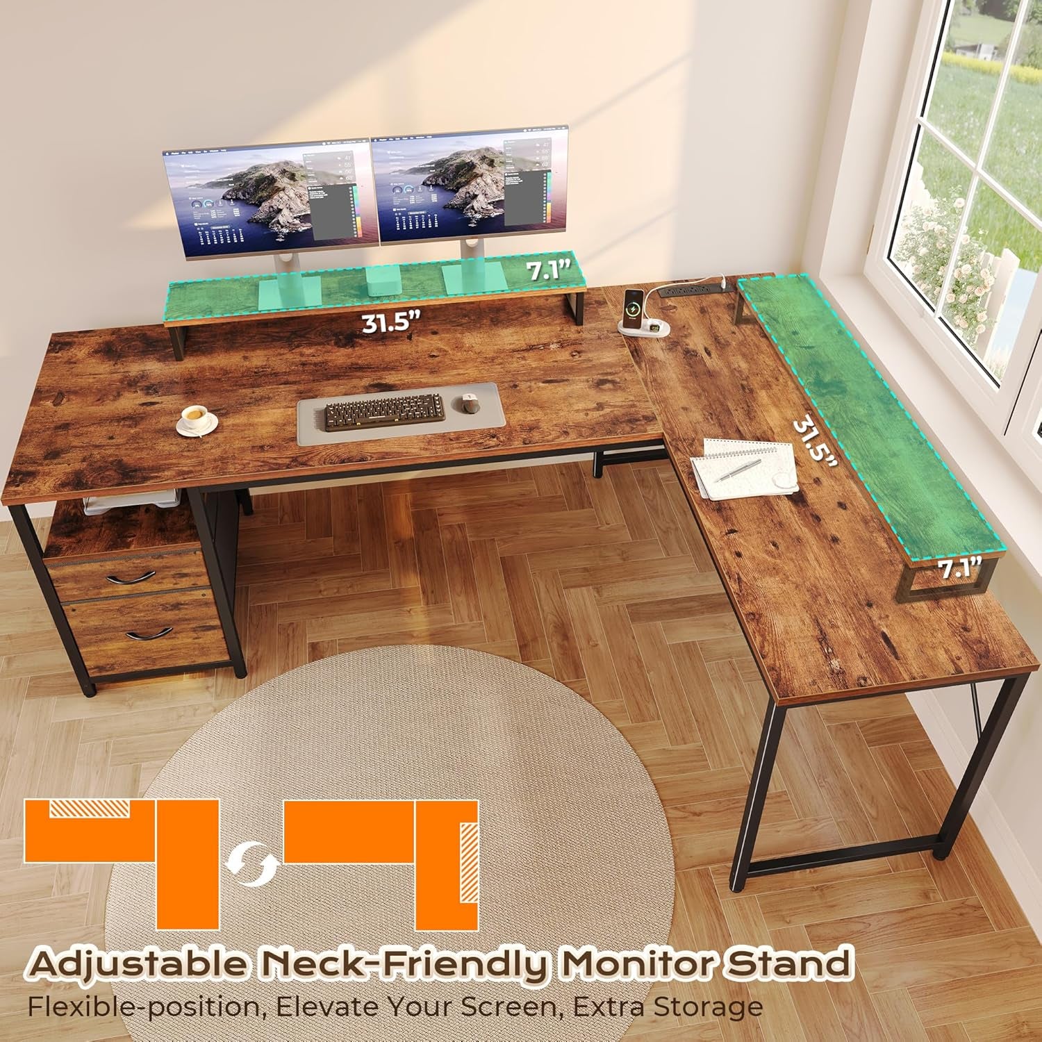63 Inch L Shaped Desk with Power Outlets and USB-C Port, Computer Corner Home Office Desk with File Fabric Drawers and Movable Monitor Stand, Larger Storage, Gaming, Writing, Rustic Brown