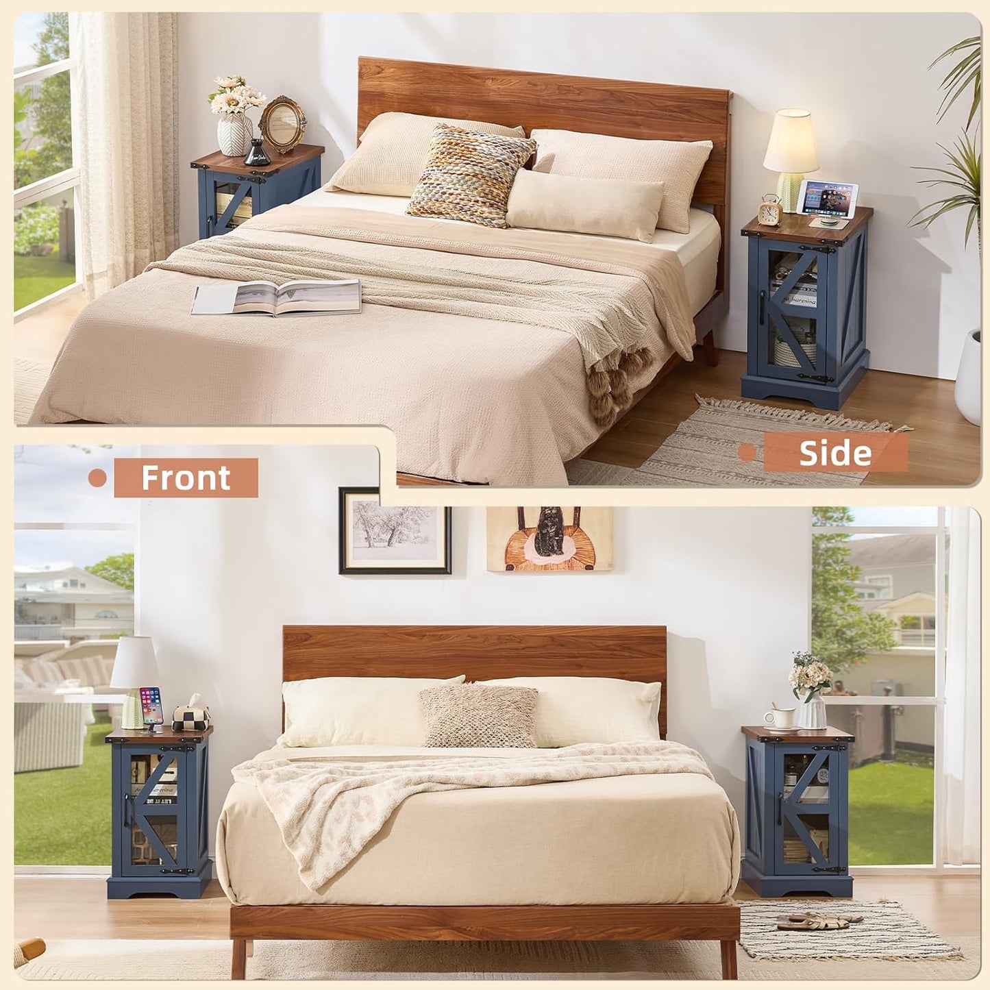 Narrow Night Stand for Small Spaces, Farmhouse Side End Table with Glass Barn Door Storage, Navy Blue Bedside Tables, Nightstand Cabinet Organizer for Living Room Bedroom