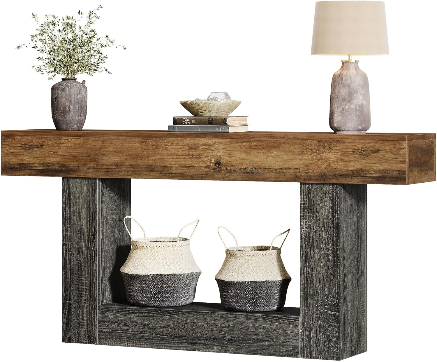 63-Inch Long Console Table, 2-Tier Entryway Table Sofa Table with Storage, Farmhouse Wood behind Couch Tables for Living Room, Hallway, Rustic Brown & Gray