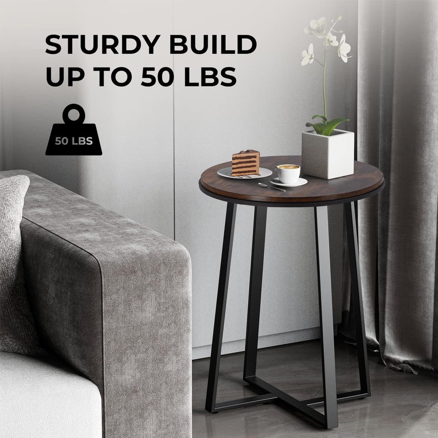 Side Table, round End Table Vintage Brown Color MDF Top, Modern Coffee End Table for Living Room, Bedroom, Nightstand with Black Steel Frame for Small Spaces