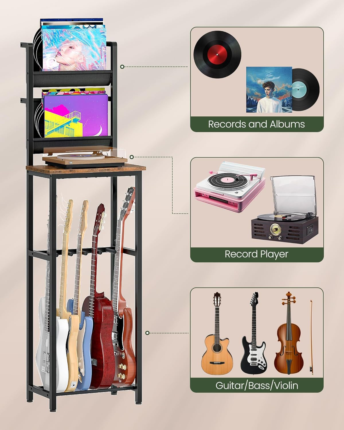 70.5"H Multi Guitar Stand, Guitar Rack Record Player Stand Sturdy and Space-Saving, Guitar Display Holds 6 Instruments, Retro Industrial Style, for Home, Studio, Rustic Brown and Black TCJ18BF