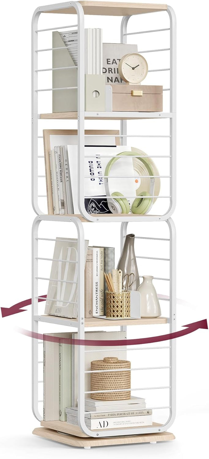 4-Tier Rotating Bookshelf, Bookcase with Bookends for Small Spaces, Corner Shelf, Steel Frame, Natural Beige and Cloud White ULLS127W67