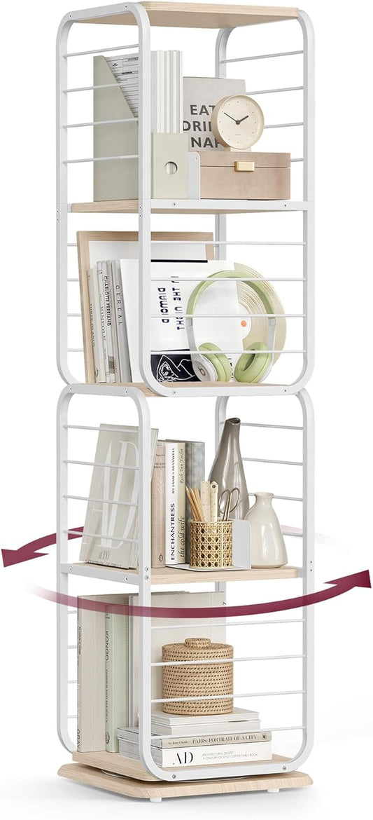 4-Tier Rotating Bookshelf, Bookcase with Bookends for Small Spaces, Corner Shelf, Steel Frame, Natural Beige and Cloud White ULLS127W67
