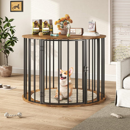 32 Inch Dog Crate Furniture for Large Medium Dogs, Wooden Dog Kennel Indoor Decorative Pet House Side End Table, round Dog Cage, White and Gold