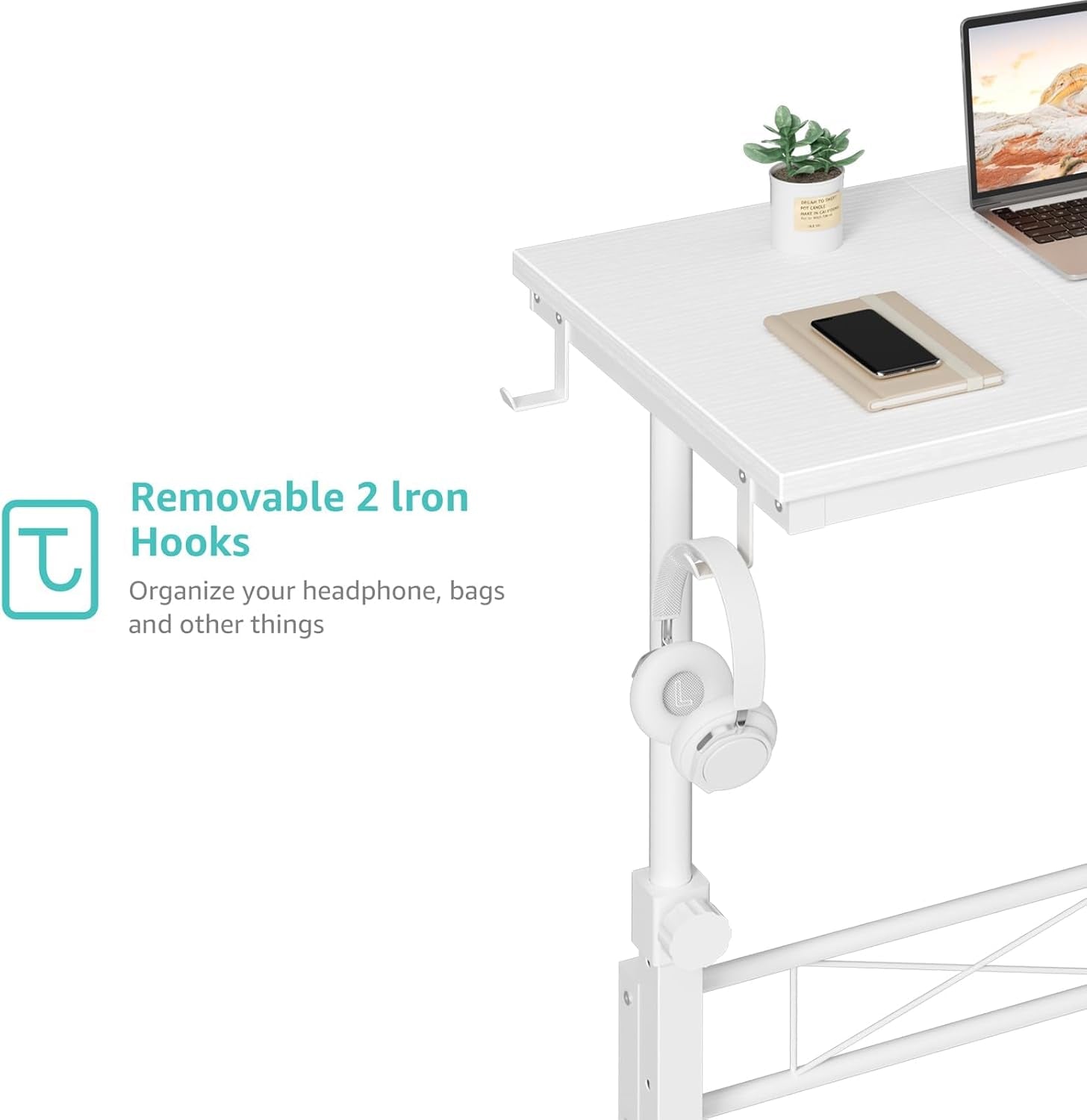 Small Portable Treadmill Walking Pad Desk on Wheels, 32 Inch White Adjustable Height Mobile Rolling Standing Teacher Desks, Couch Sofa Side Laptop Stand up Table for Bedroom, White