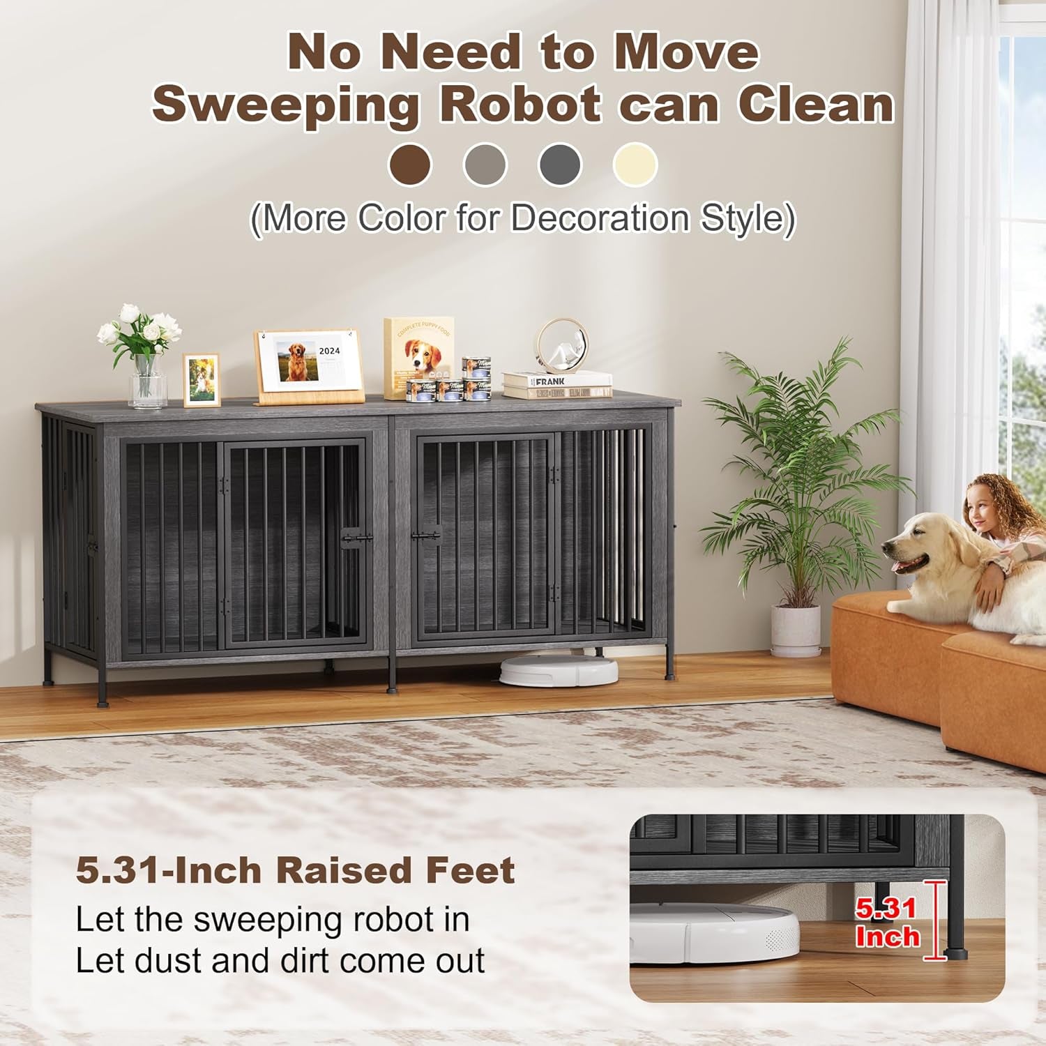 Dog Crate Furniture for 1 or 2 Dogs, Heavy Duty Single/Double Dog Crates for Small/Medium/Large Dogs, Dog Kennel Furniture Indoor as TV Stand, Large Size 78.74" L(35-60 Pounds), Dark Grey