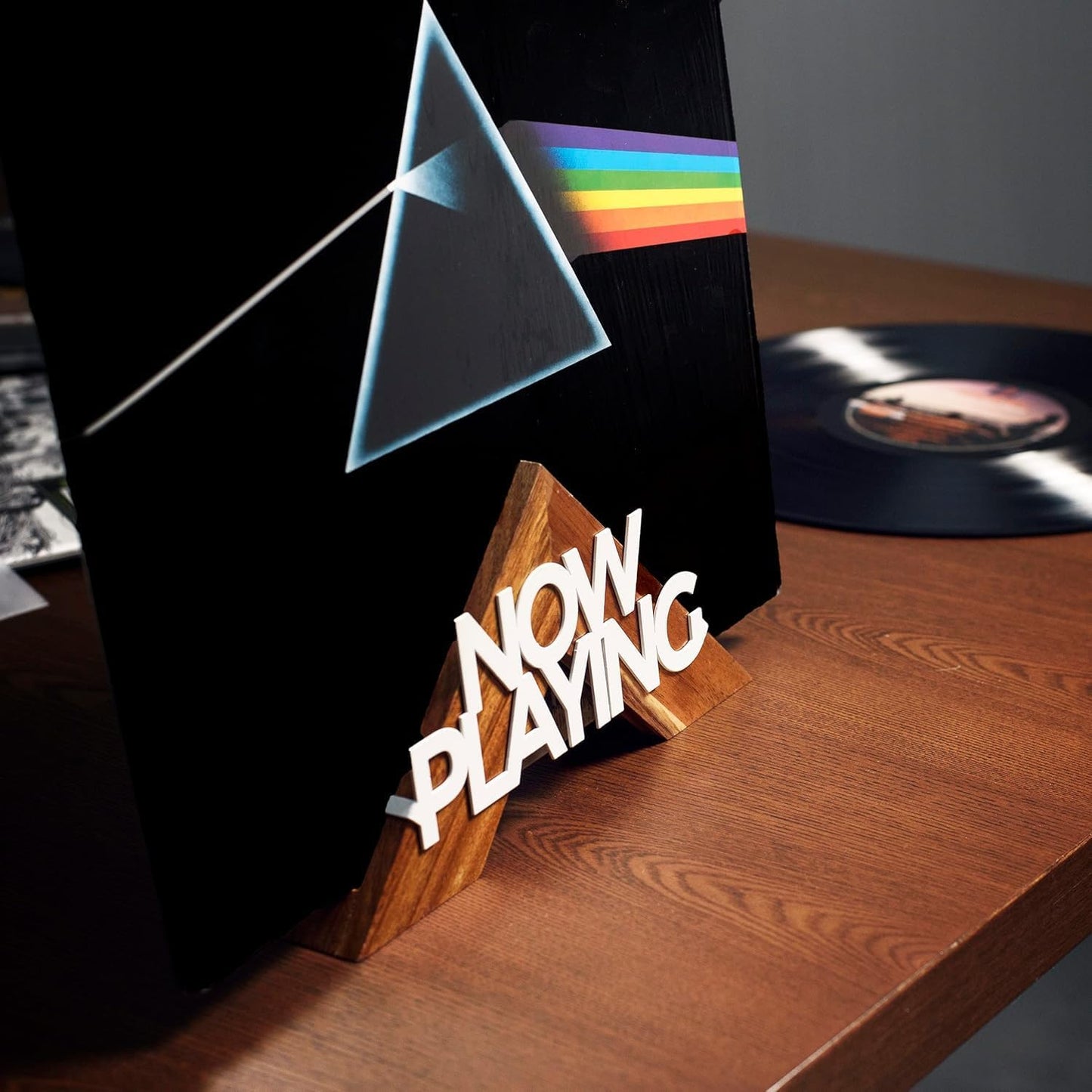 Tabletop Now Playing Vinyl Record Stand - Wooden Vinyl Record Holder - LP Shelf - No-Tool Assembly