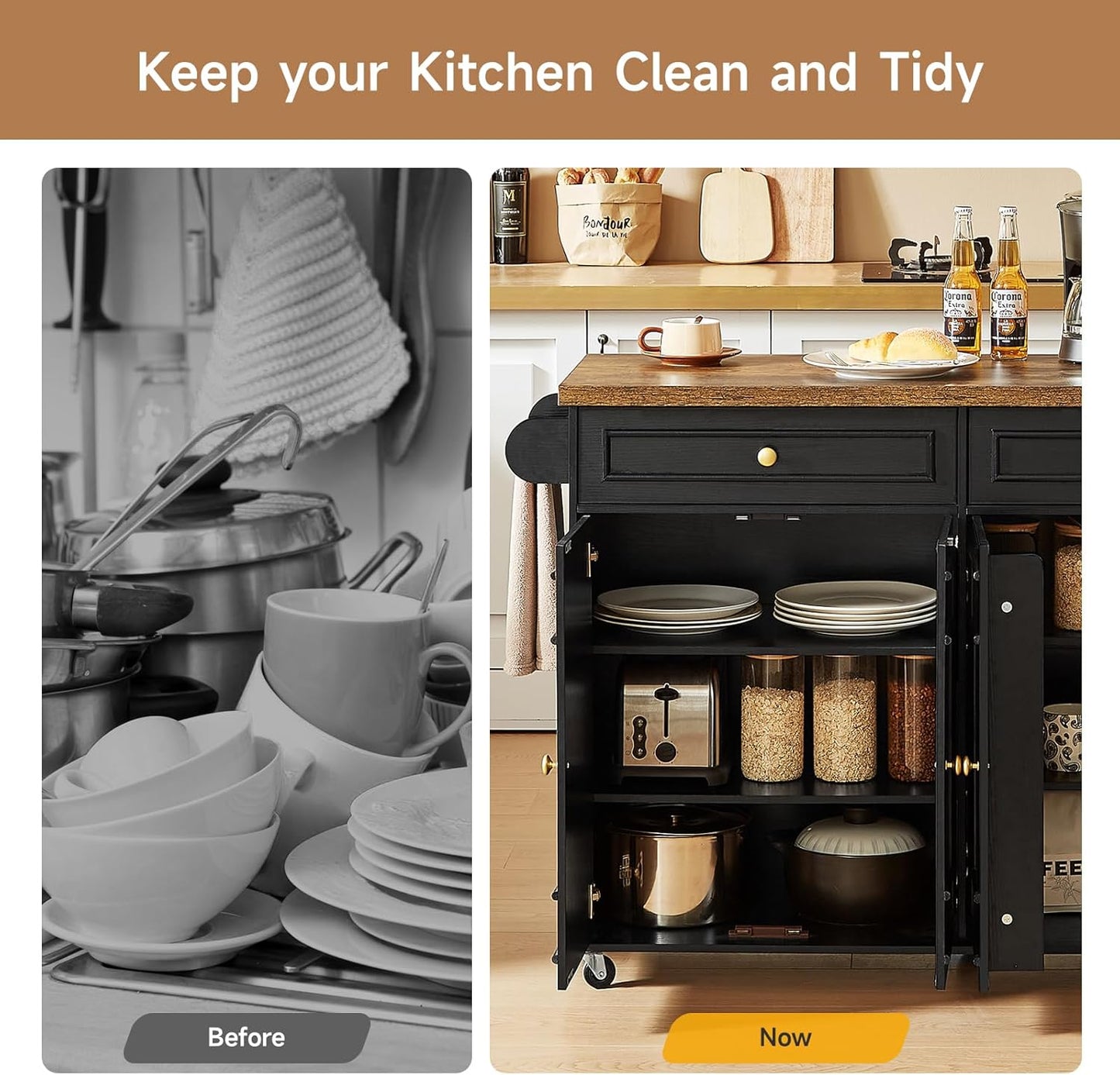 58" Mobile Kitchen Island, Kitchen Island Cart with Power Outlet, Island Table for Kitchen, Home Bar Carts with Storage, Kitchen Rolling Island with Spice Rack & Towel Rack & Knife Holder