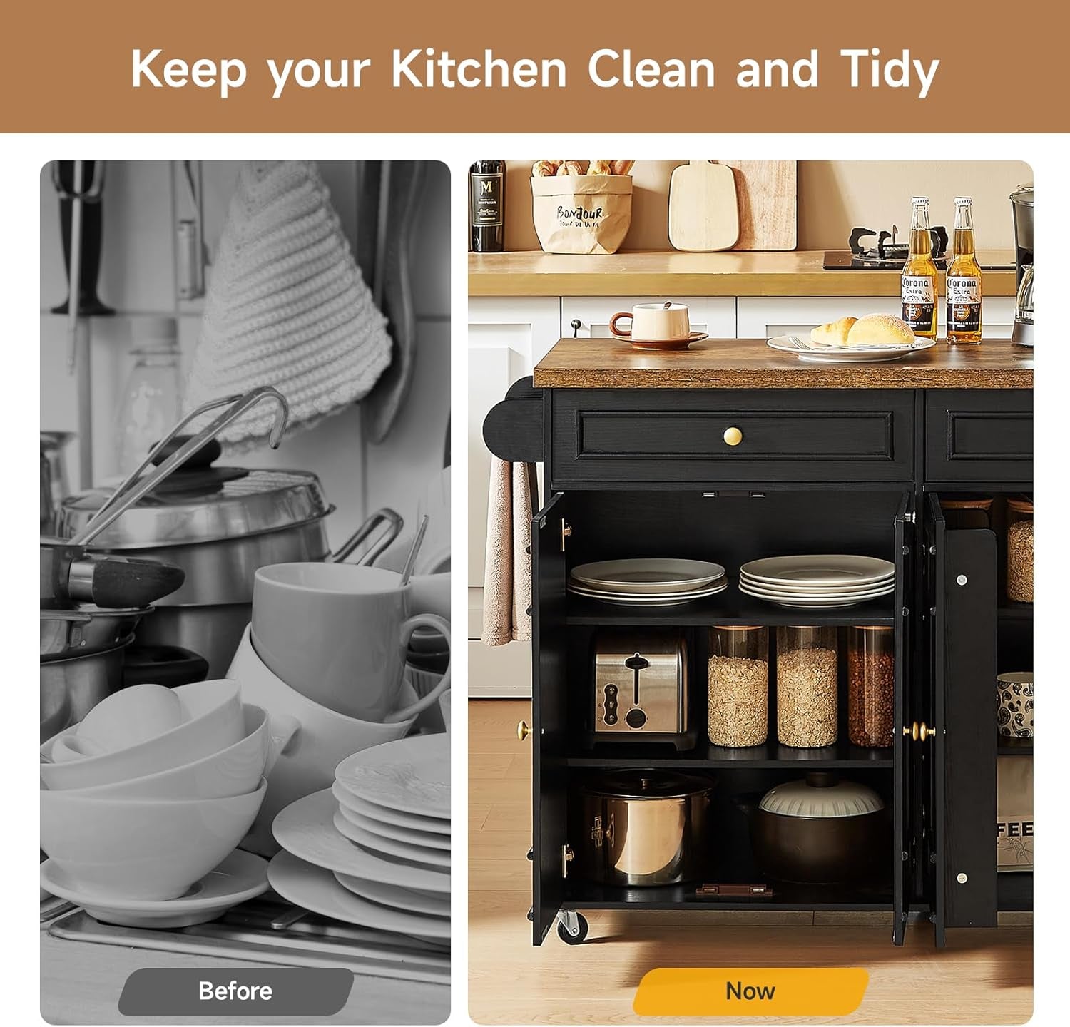 58" Mobile Kitchen Island, Kitchen Island Cart with Power Outlet, Island Table for Kitchen, Home Bar Carts with Storage, Kitchen Rolling Island with Spice Rack & Towel Rack & Knife Holder