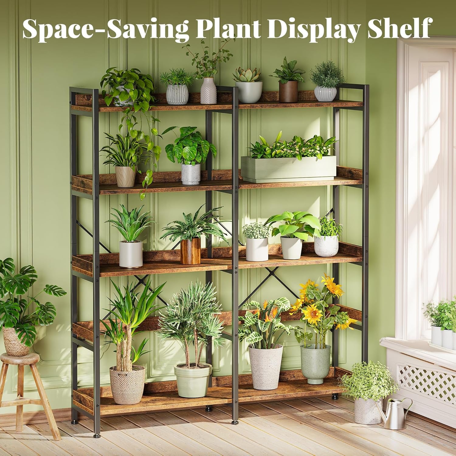 5 Tier Bookshelf, Display Bookshelf with 10 Open Shelves and Raised Baffle, 47.2 Inch Straight Wide Bookcase with Metal Frame and Wooden Board, Adjustable Feet, Rustic Brown