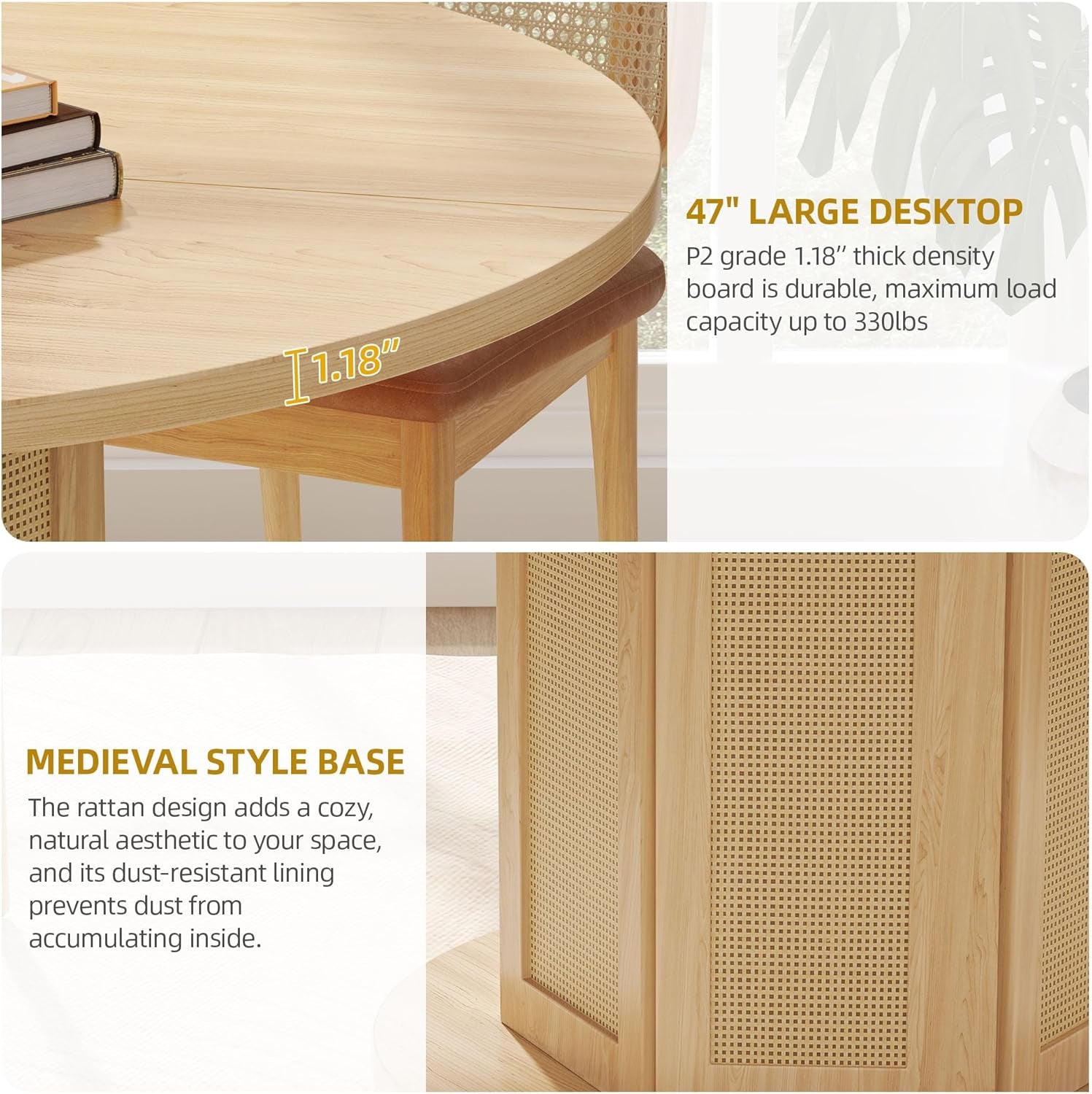 round Dining Table for 4-6 People 47 Inch Farmhouse Kitchen Table with Rattan Circular Base Wooden Dinner Table for Dining Room Family Gathering, Natural Oak