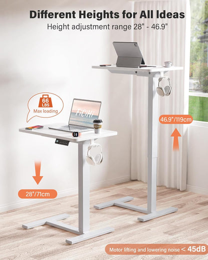 Small Electric Standing Desk - Adjustable Height Bedside Laptop Table with Wheels, Mobile, Portable Rolling Computer Workstation Sit Stand Table for Home Office, Sofa, Couch Use (24X16, White)