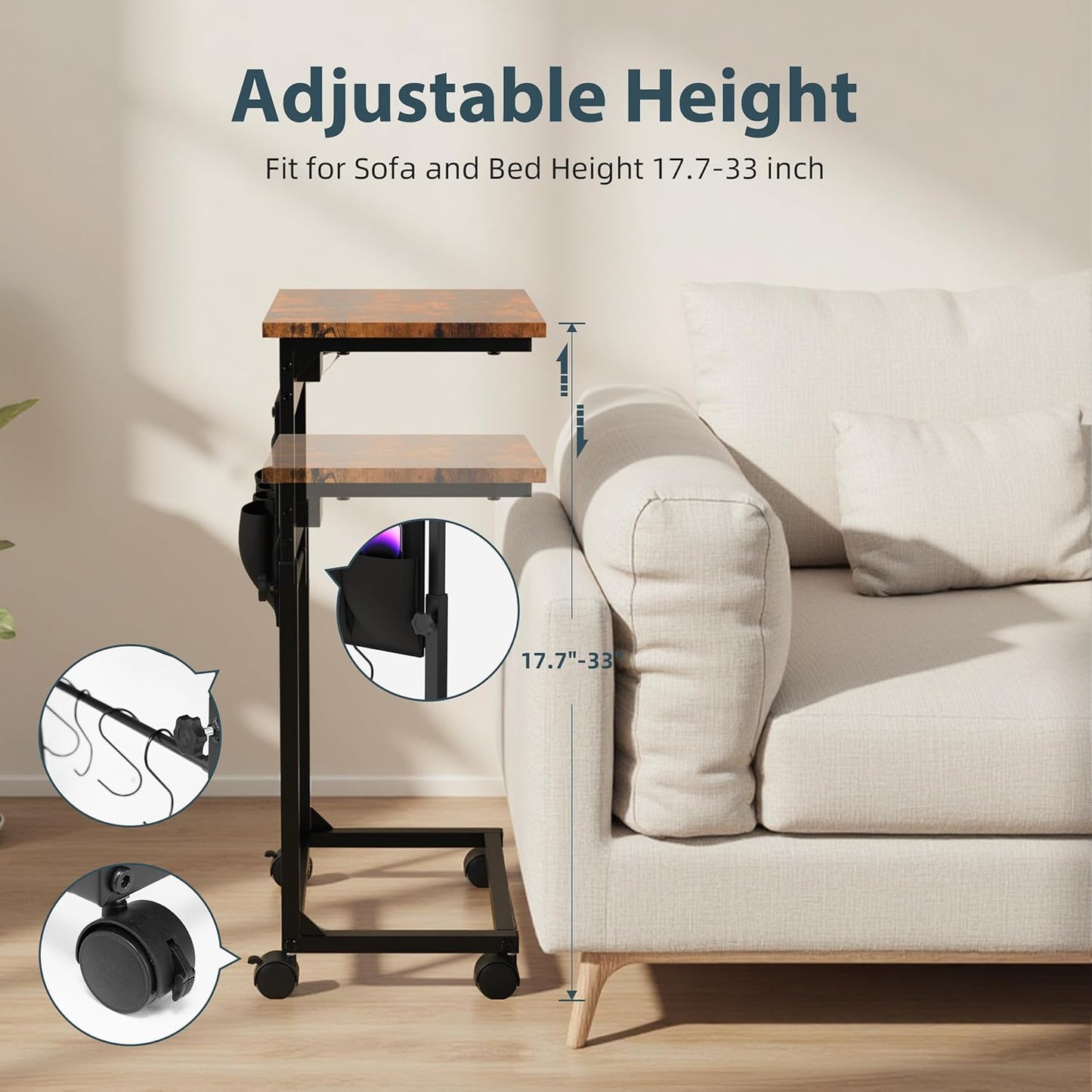 Adjustable Height Couch Table with USB-C Charging Station & Pocket Storage – Compact Couch Stand with Hooks & Wheels for Small Spaces & Living Room, Adjustable C Table