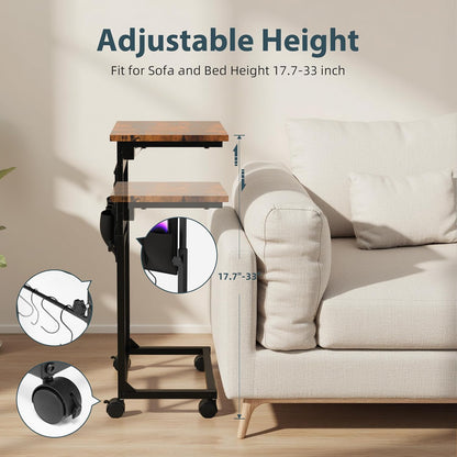 Adjustable Height Couch Table with USB-C Charging Station & Pocket Storage – Compact Couch Stand with Hooks & Wheels for Small Spaces & Living Room, Adjustable C Table