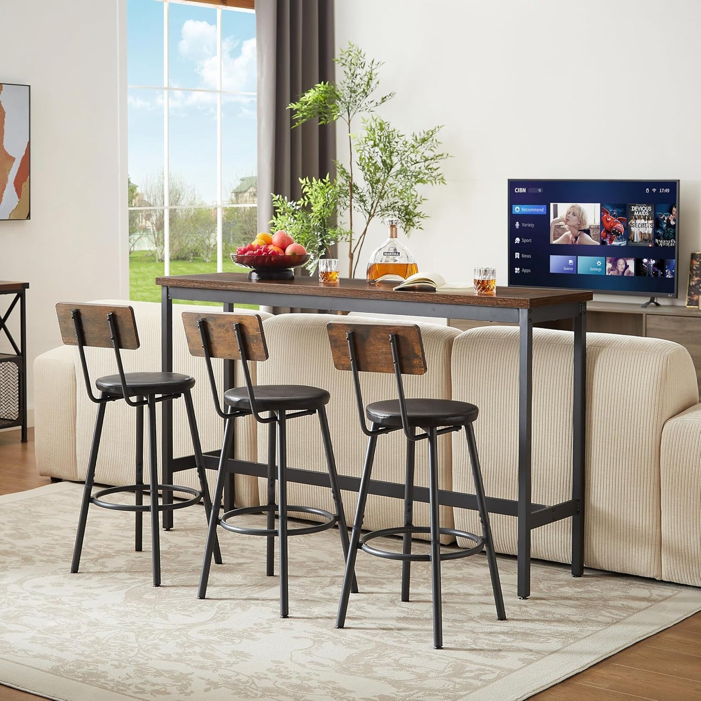 Long Bar Table Set with 3 PU Upholstered Bar Stools, Dining Table and Chair Sets, Industrial Tall Coffee Table and Back Chair for Kitchen, Living Room, Party Room, Small Space, Pub, Brown