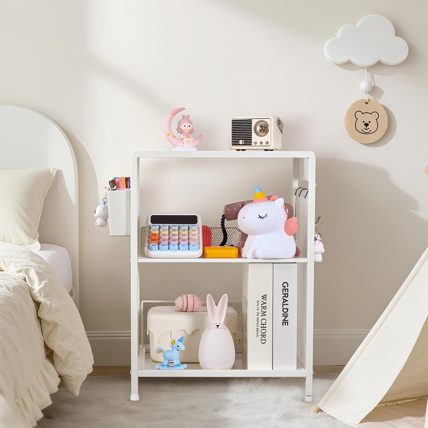 Nightstand, End Table with Hooks and Holder, Kids Nightstand for Bedroom, Toddler Bedside Table, Small Pink Desk for Girls, Coffee Table for Living Room, Dorm, Office (White)