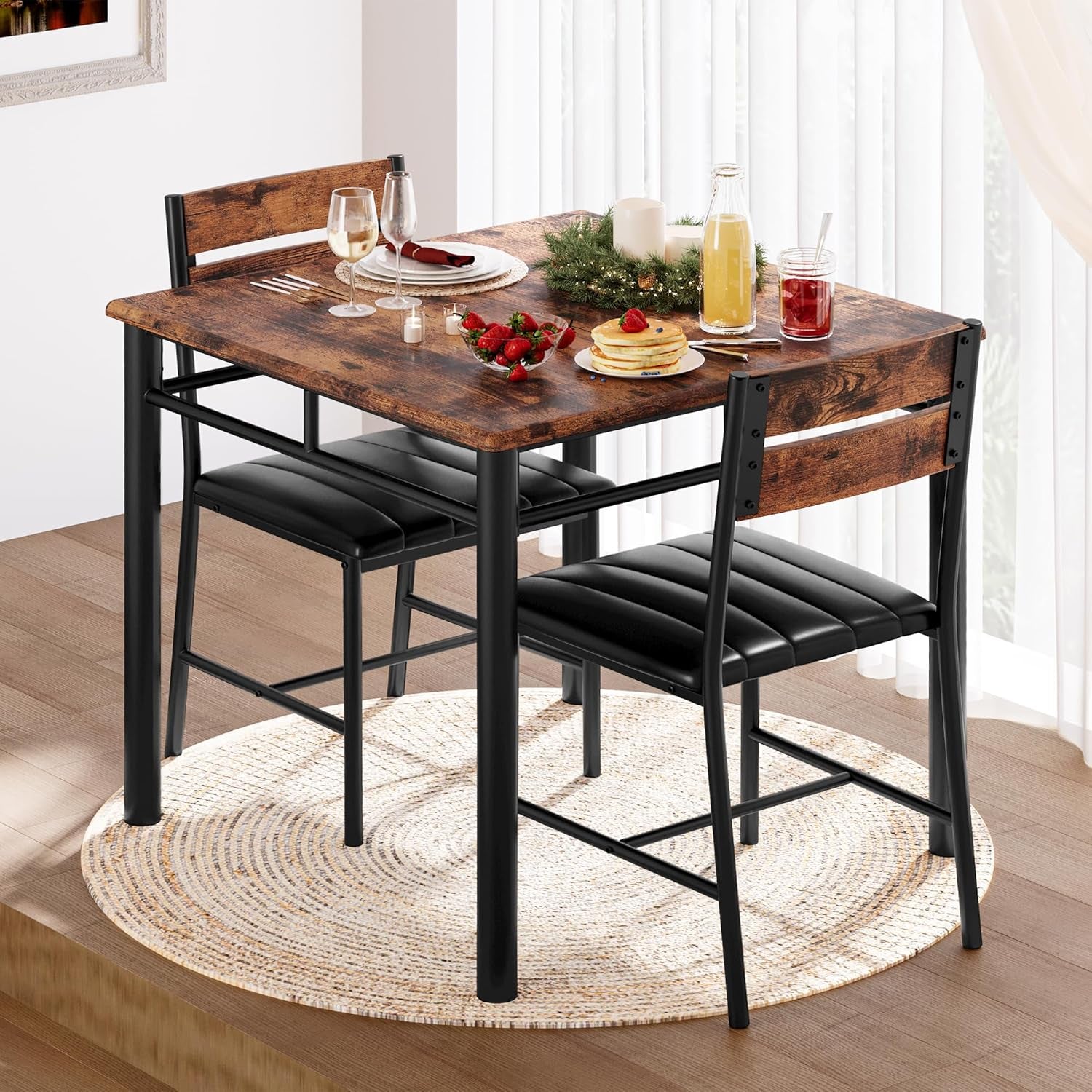 Dining Table Set for 2, Small Kitchen Table with Upholstered Chairs Dinning Table Set for Kitchen & Dining Room, Compact Dining Set for Small Spaces, Rustic Brown