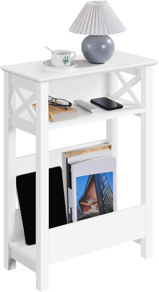 Small Side Table with Storage Shelf, 3-Tier Slim X Shaped End Table with Magazine Rack, Living Room Home Office Balcony Small Spaces, Effortless Assembly, White