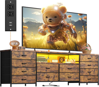 Fits 65,70 Inch Tv Stand, 63" W Entertainment Center with LED Lights & Power Outlets, 12 Long Fabric Dresser for Bedroom, Hallway, Rustic Brown